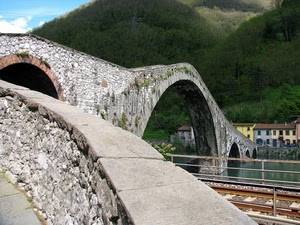 ponte, fiume, case, alberi, montagna, archi, pietra, rotaie, arco, parapetto, ferrovia