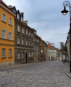 strada, finestre, case, lampione, palazzi, arancione