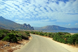 strada, montagne, nuvole, mare, verde, panorama, piante, cielo