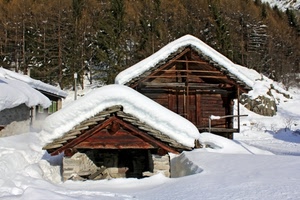 neve, inverno, alberi, baite, bianco, tetti, legno, baita, montagna