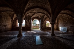 colonne, archi, finestre, porta, volte, pavimento, interno