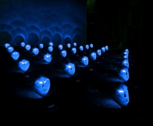 blu, luci, occhi, ombre, maschere, volti, arte, notturno