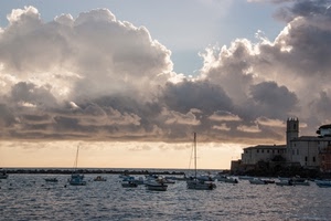 barche, mare, nuvole, porto, torre, acqua, cielo