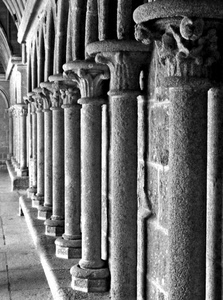 colonne, bianconero, capitelli, prospettiva, grigio, fila, muro, colonnato