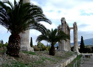 colonne, palme, rovine, ruderi, archeologia, nuvole, tempio, alberi, cielo
