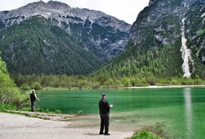 lago, montagna, verde, pescatori, montagne, due, acqua, pescare, alberi