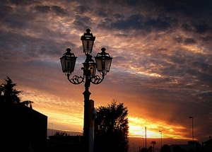 lampione, tramonto, nuvole, cielo, albero, controluce, alberi, arancio