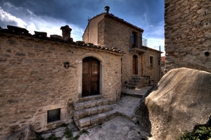 porta, scale, pietre, comignoli, porte, borgo, paese, cielo, strada, gradini, pietra