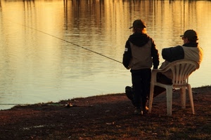 sedia, pescare, pescatore, due, riflessi, fiume, canna, bambino, tramonto, persone, pescatori
