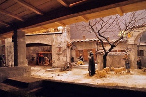 presepe, pecore, albero, ruota, pastore, pastori, statue, case, natività