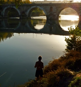 ponte, fiume, archi, riflesso, acqua, controluce, pescare, tre, pescatore
