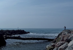 scogli, mare, pescatore, onde, rocce, cielo, tronco, canna, orizzonte, acqua, scogliera