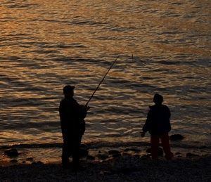 pescatori, mare, acqua, canna, due, sassi, pescare, controluce, pescatore, tramonto