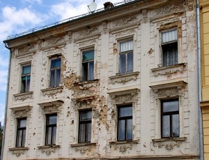 finestre, palazzo, nuvole, facciata, balconi, rudere, degrado, cielo, rovine