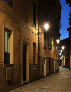 vicolo, lampioni, porte, finestre, notte, porta, strada, lampione, luci, notturno, case