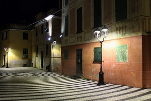 piazza, lampioni, notturno, cerchi, finestre, lampione, notte, porte