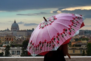 ombrello, cupola, panorama, roma, fiori, nuvole, pioggia, rosa, cielo