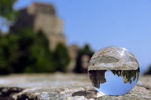 sfera, riflesso, vetro, sfocato, trasparenza, palla, rocce, verde, cristallo, cielo, trasparente