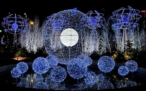 luci, sfere, blu, notte, natale, luminarie, palle, azzurro, notturno, bianco