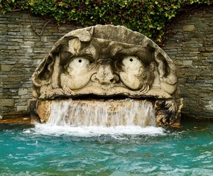 acqua, fontana, bocca, occhi, faccia, foglie, edera, viso, muro, cascata