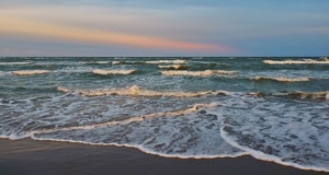 mare, spiaggia, onde, acqua, cielo, sabbia, schiuma, nuvole, azzurro, orizzonte, tramonto