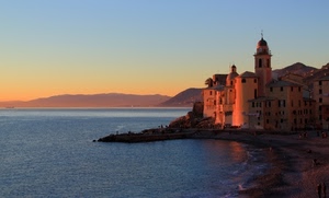 mare, tramonto, chiesa, campanile, acqua, panorama, case, paese, paesaggio, camogli, costa