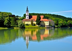 campanile, riflesso, verde, lago, alberi, acqua, cielo, chiesa