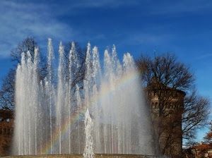 arcobaleno, fontana, acqua, zampilli, alberi, torre, cielo, getti, milano