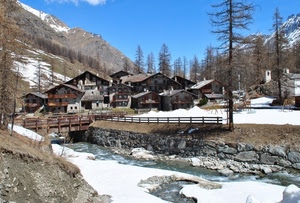 neve, montagna, ponte, alberi, fiume, borgo, inverno, case, bianco