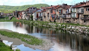 fiume, case, acqua, verde, ponte, riva, erba, balconi, finestre, riflesso