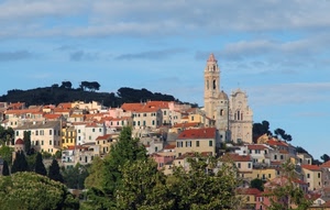 chiesa, case, panorama, alberi, campanile, paese, collina, cielo, nuvole