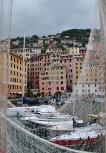 barche, porto, case, rete, finestre, mare, reti, rosa, cielo, palazzi, collina, scorcio, bianco