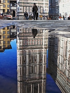 firenze, riflesso, acqua, campanile, giotto, persone, pozzanghera, piazza, cielo, riflessi, chiesa, torre, passanti