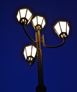 lampione, luci, quattro, notte, blu, notturno, palo, lampioni, cielo