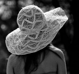 cappello, donna, bianconero, capelli, spalle, bianco, paglia