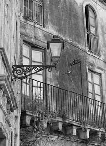 lampione, balcone, finestre, bianconero, ringhiera