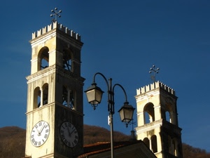 lampione, orologio, orologi, campanili, torri, merli, cielo, bifore, lampioni, lancette, due, campanile, torre