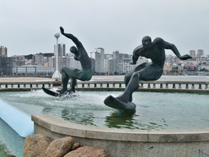 statue, fontana, acqua, surf, grattacieli, città, sculture, monumento, due, palazzi