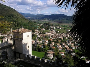 torre, panorama, case, montagne, nuvole, paese, palma, colline, verde, paesaggio, alberi