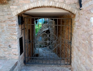 cancello, arco, mattoni, vicolo, ferro, pietre, lampione, metallo