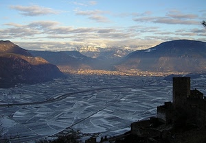 montagne, castello, panorama, nuvole, neve, campi, torre, cielo