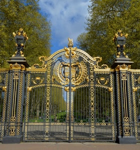 cancello, oro, alberi, stemma, cielo, ferro, verde, dorato