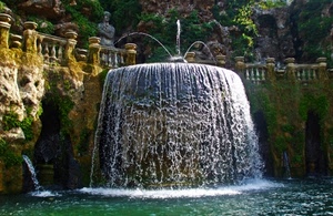 acqua, fontana, balaustra, cascata, verde, alberi, zampilli, giardino, statua, spruzzi