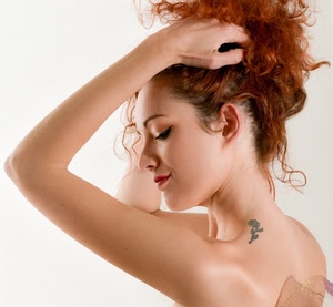 capelli, donna, tatuaggio, sensuale, profilo, rossi, collo, modella