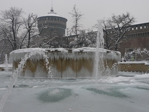 ghiaccio, fontana, inverno, neve, castello, torre, acqua, alberi, bianco