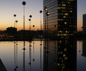 grattacielo, luci, acqua, tramonto, riflesso, riflessi, milano