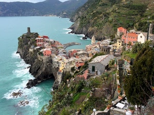 mare, paese, scogli, vernazza, panorama, case, torre, onde, porto