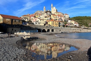 mare, panorama, riflesso, spiaggia, paese, pozzanghera, campanili, chiesa, case, riflessi, campanile