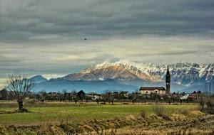 chiesa, montagne, paesaggio, neve, campanile, alberi, panorama, cielo, montagna, prato