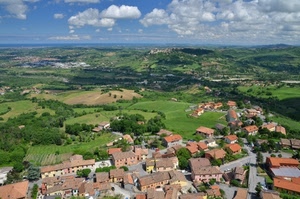 nuvole, panorama, cielo, case, verde, alberi, tetti, paesaggio, borgo, campagna, paese
